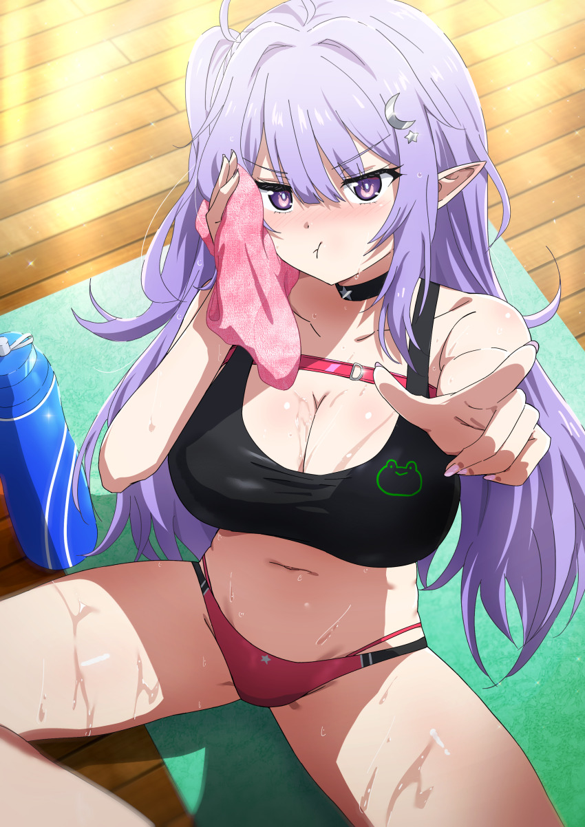 1girl, absurdres, black_choker, blush, bottle, breasts, choker, cleavage, commission, crescent, crescent_hair_ornament, eepy_sleepy, eepy_sleepy_(sleepy_2.0), hair_ornament, highres, indian_style, large_breasts, long_hair, looking_at_viewer, misaki_nonaka, navel, panties, phase_connect, pink_nails, pointing, pointing_at_viewer, pointy_ears, pout, purple_eyes, purple_hair, sitting, skeb_commission, sports_bra, stomach, sweat, towel, underwear, virtual_youtuber, water_bottle