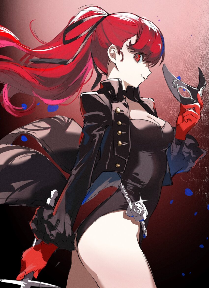 1girl, black_choker, black_jacket, black_leotard, black_mask, black_ribbon, choker, closed_mouth, commentary, cropped_jacket, floating_hair, frilled_sleeves, frills, gloves, hair_ribbon, highres, holding, holding_mask, holding_sword, holding_weapon, jacket, leotard, long_hair, long_sleeves, mask, minuonuonuo, persona, persona_5, persona_5_the_royal, ponytail, profile, red_eyes, red_gloves, red_hair, ribbon, smile, solo, sword, unworn_mask, violet_(persona_5), weapon, yoshizawa_kasumi