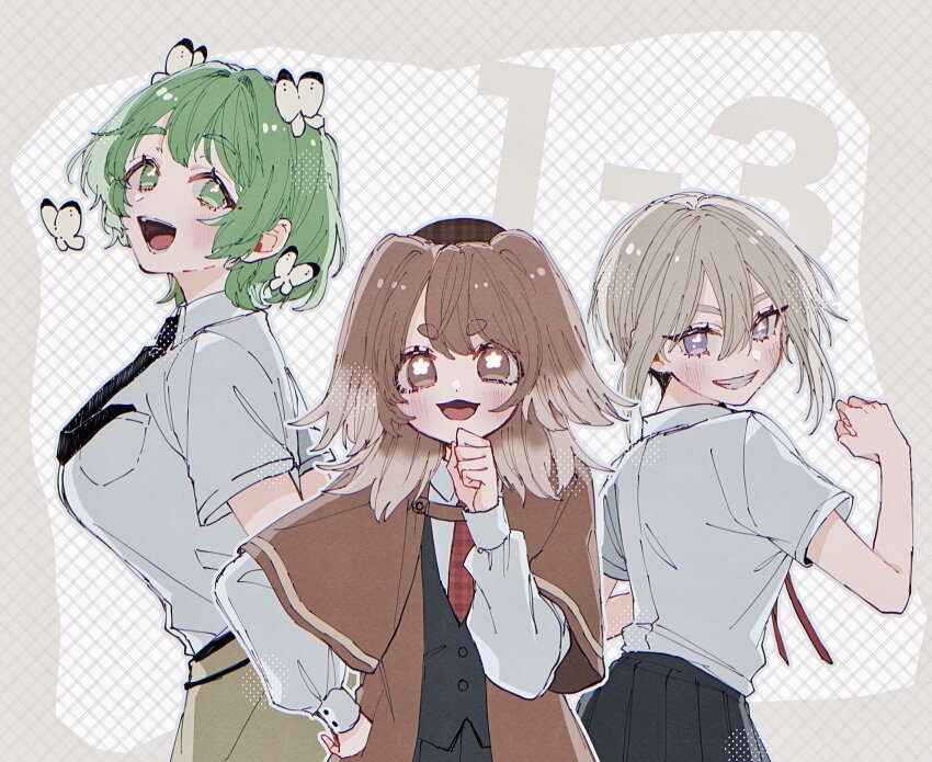 3girls, blonde_hair, breasts, brown_eyes, brown_hair, bug, butterfly, female_focus