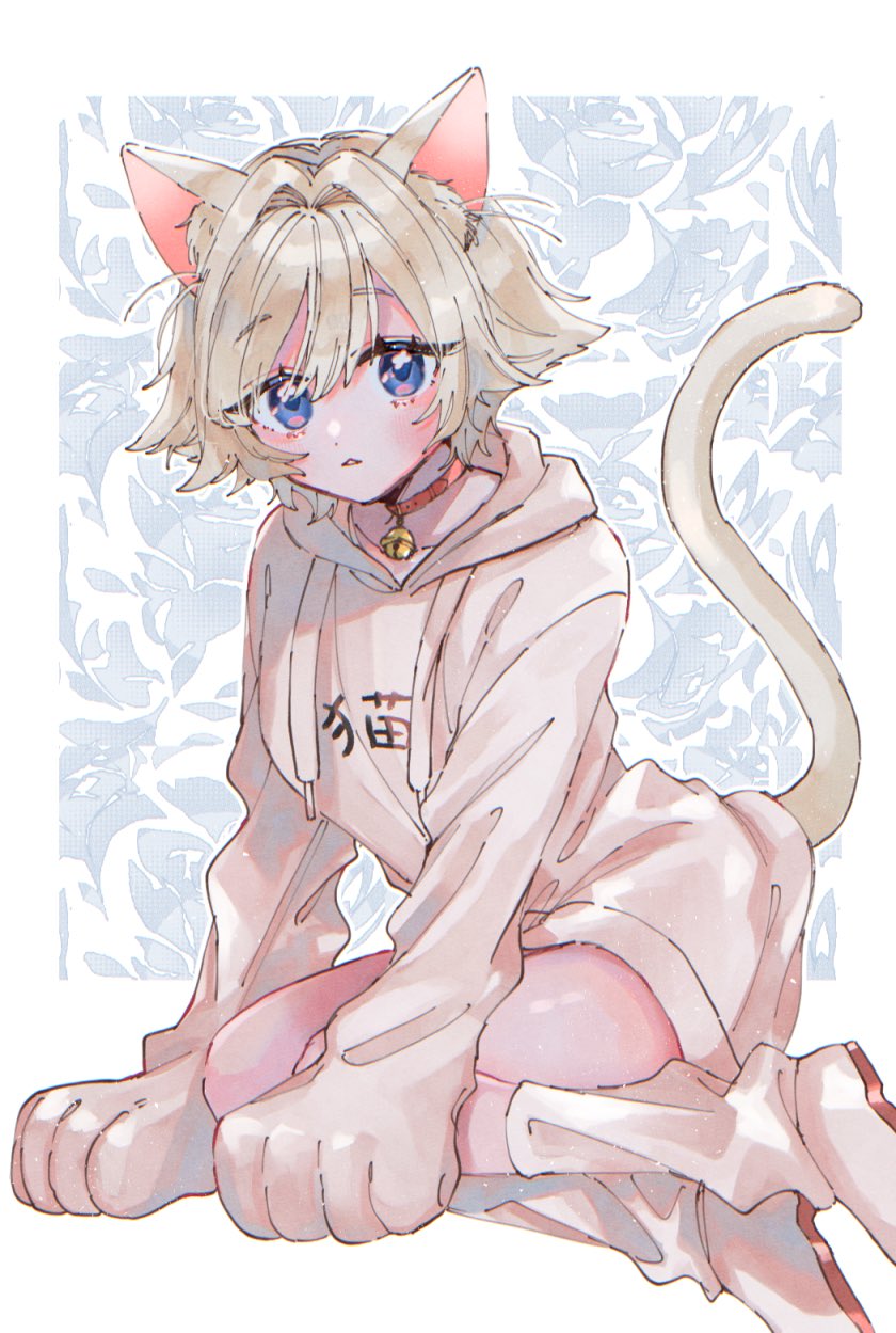 1girl, animal_ear_fluff, animal_ears, animal_hands, bell, belt_collar, blue_eyes, cat_ears