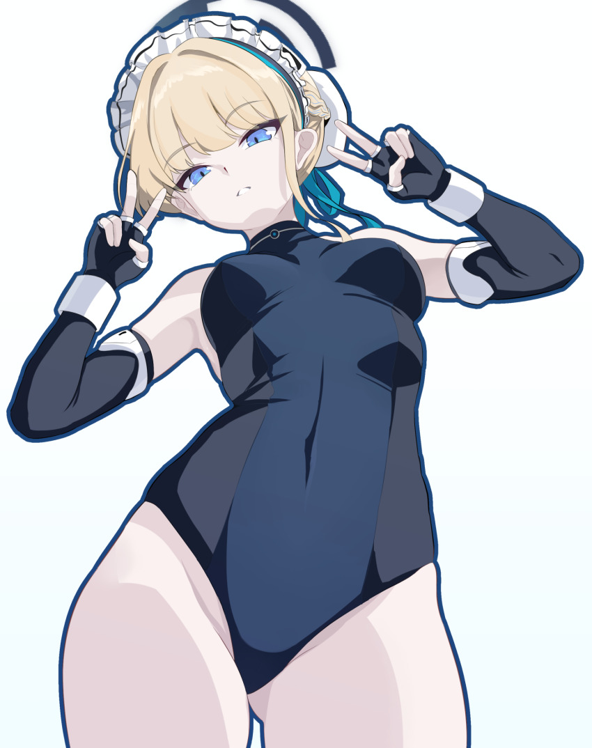 bare_shoulders, black_gloves, blonde_hair, blue_archive, blue_eyes, breasts, covered_navel, elbow_gloves
