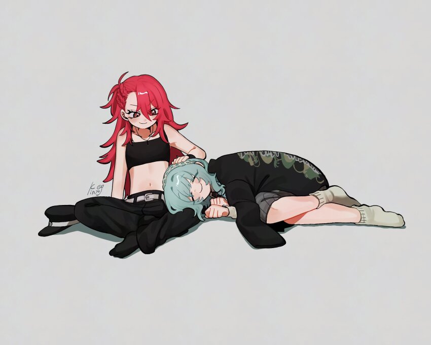 11230kingyo, 2girls, absurdres, aqua_hair, belt, black_jacket, blue_hair, brown_eyes