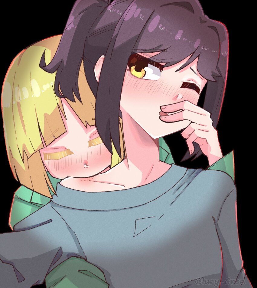 2girls, bite_mark, biting_shoulder, black_background, black_hair, blonde_hair, blush, bob_cut, closed_eyes, highres, hiiragi_utena's_mother, long_hair, mahou_shoujo_ni_akogarete, mature_female, morino_korisu's_mother, multiple_girls, one_eye_closed, ponytail, shirt, simple_background, yellow_eyes, yuri, zombice