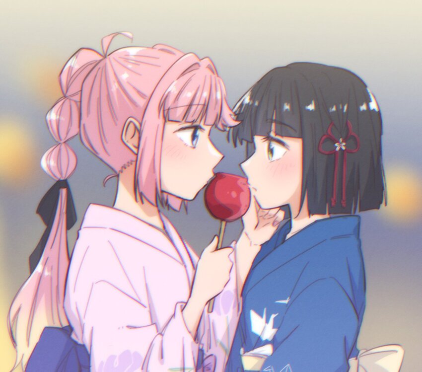 2girls, ahoge, anyoji_hime, anyoji_hime_(hokkoku_hanabi), black_ribbon, blue_kimono, blunt_bangs, blunt_ends, bob_cut, candy_apple, commentary_request, donpa, eye_contact, flower, flower_knot, green_eyes, grey_eyes, hair_flower, hair_intakes, hair_ornament, hair_ribbon, hand_on_another's_cheek, hand_on_another's_face, highres, holding_candy_apple, holding_food, japanese_clothes, kimono, link!_like!_love_live!, long_hair, looking_at_another, love_live!, momose_ginko, momose_ginko_(hokkoku_hanabi), multi-tied_hair, multiple_girls, pink_hair, pink_kimono, ponytail, ribbon, short_hair, upper_body, virtual_youtuber, white_flower, yukata, yuri