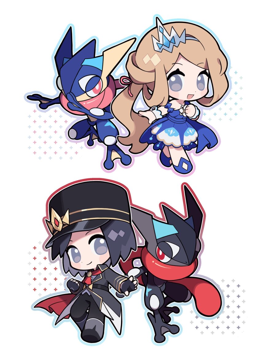 1boy, 1girl, alternate_color, black_gloves, black_hair, black_hat, black_skin, blue_dress