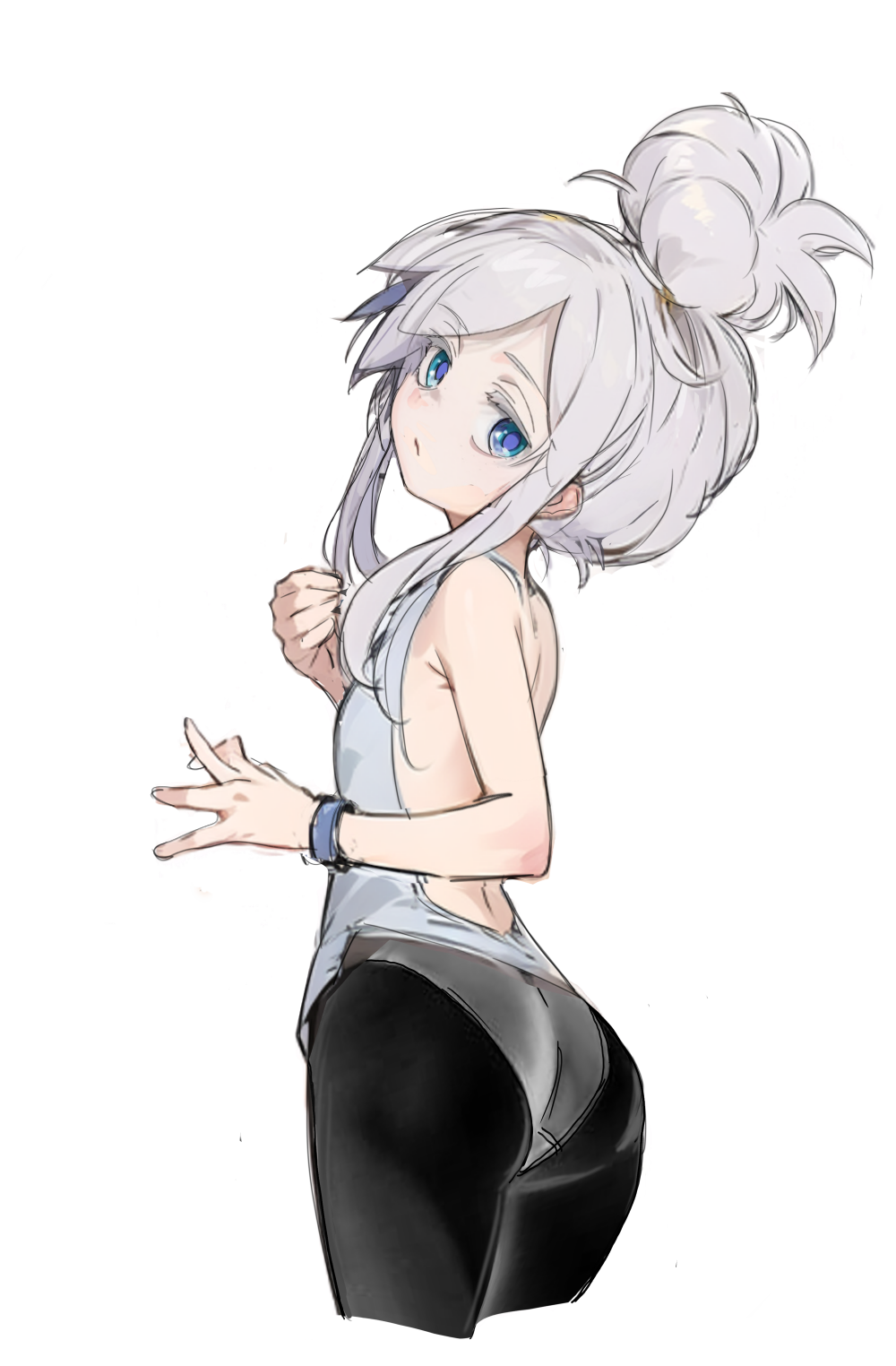 1girl, ass, backless_shirt, bare_back, bare_shoulders, blue_eyes, bracelet, closed_mouth