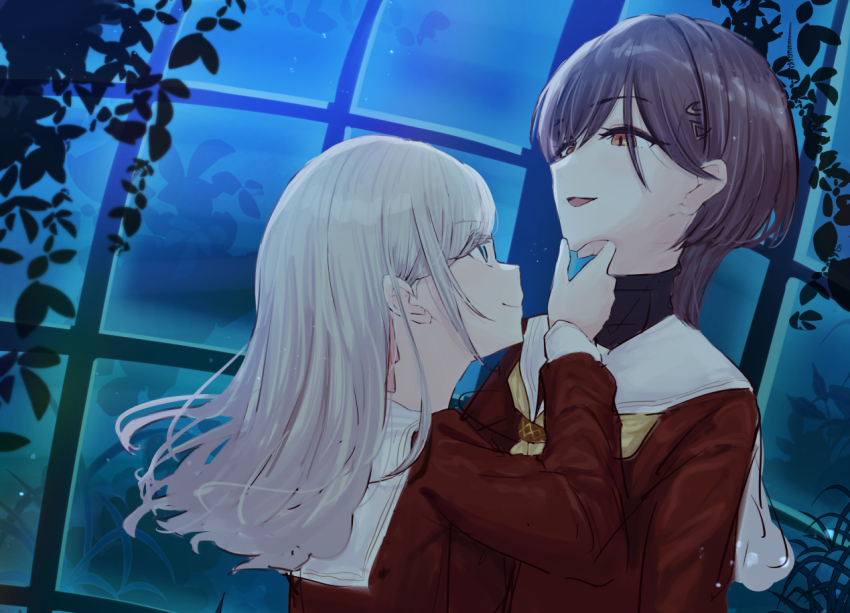 2girls, brown_dress, ceras_yanagida_lilienfeld, closed_mouth, commentary_request, dress, edel_note, eye_contact