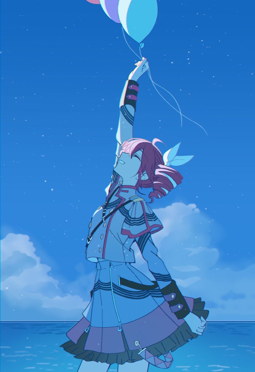 1girl, a0ja9k, ahoge, arm_at_side, arm_up, balloon, belt, black_bow