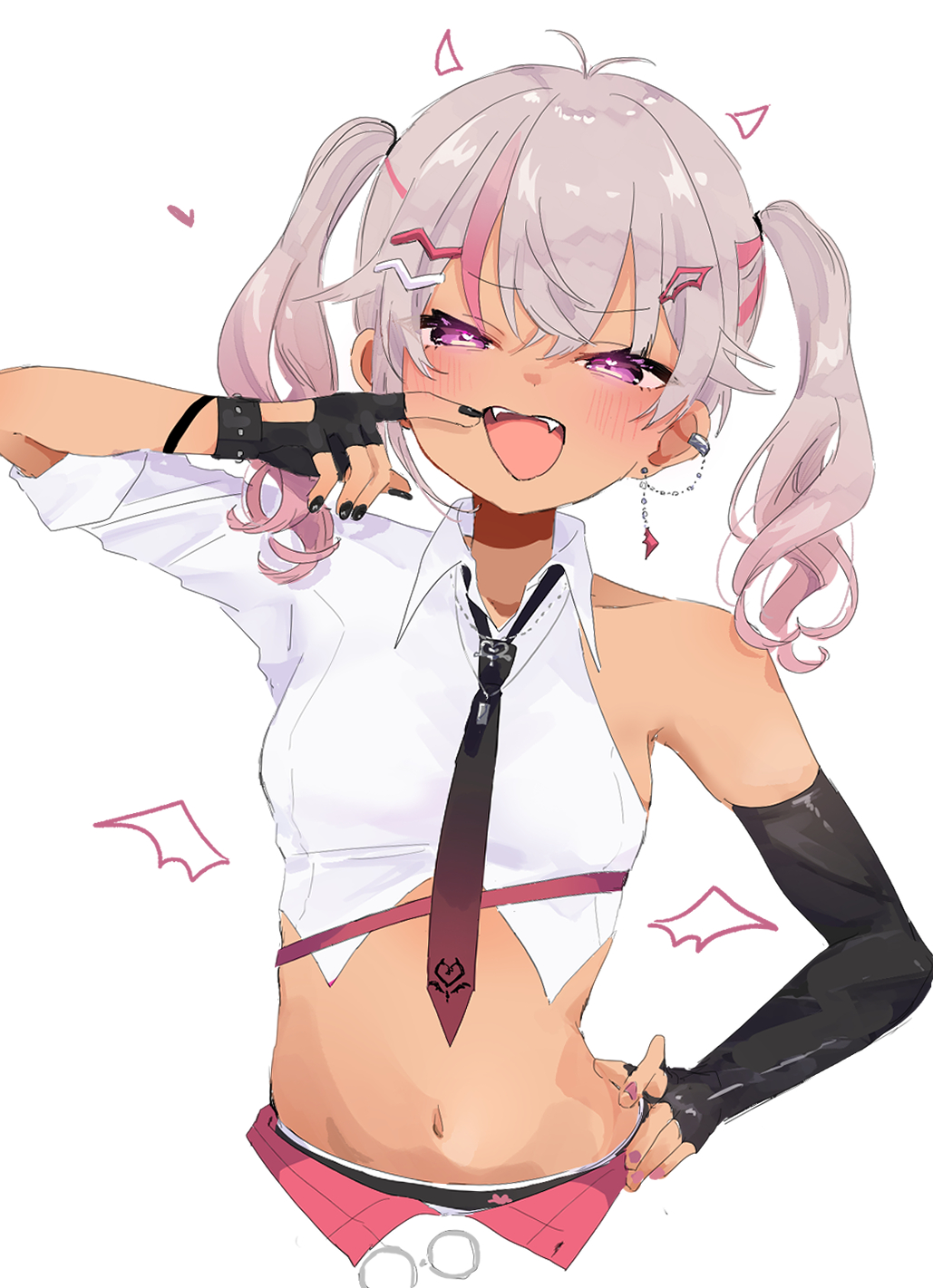 1girl, black_nails, black_necktie, blush, breasts, dark-skinned_female, dark_skin, ear_chain