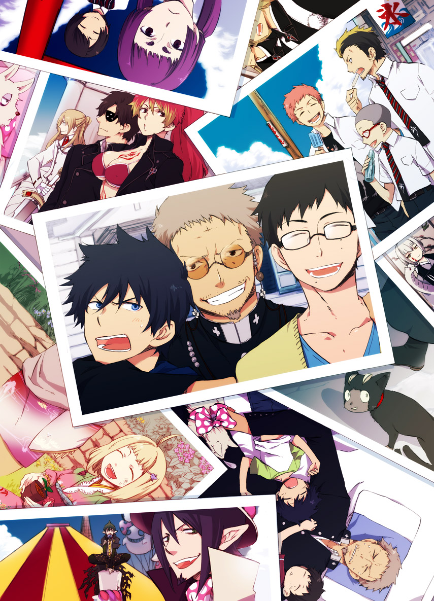 6+boys, 6+girls, ahoge, amaimon, ao_no_exorcist, arthur_auguste_angel, beard, black_hair, blonde_hair, blue_eyes, bottle, brothers, cat, eating, everyone, eyebrows, eyepatch, facial_hair, fang, flower, food, fujimoto_shirou, glasses, gloves, green_eyes, green_hair, grey_hair, hat, houjou_mamushi, hug, igor_neuhaus, japanese_clothes, kamiki_izumo, kimono, kirigakure_shura, kuro_(ao_no_exorcist), mephisto_pheles, miwa_konekomaru, moriyama_shiemi, multicolored_hair, multiple_boys, multiple_girls, necktie, okumura_rin, okumura_yukio, open_mouth, paku_noriko, photo_(object), pointy_ears, popsicle, school_uniform, shima_juuzou, shima_kinzou, shima_renzou, shiyu.jyoukou, short_hair, siblings, sleeping, smile, striped_clothes, striped_necktie, striped_neckwear, suguro_ryuuji, sword, tattoo, top_hat, two-tone_hair, weapon, white_hair
