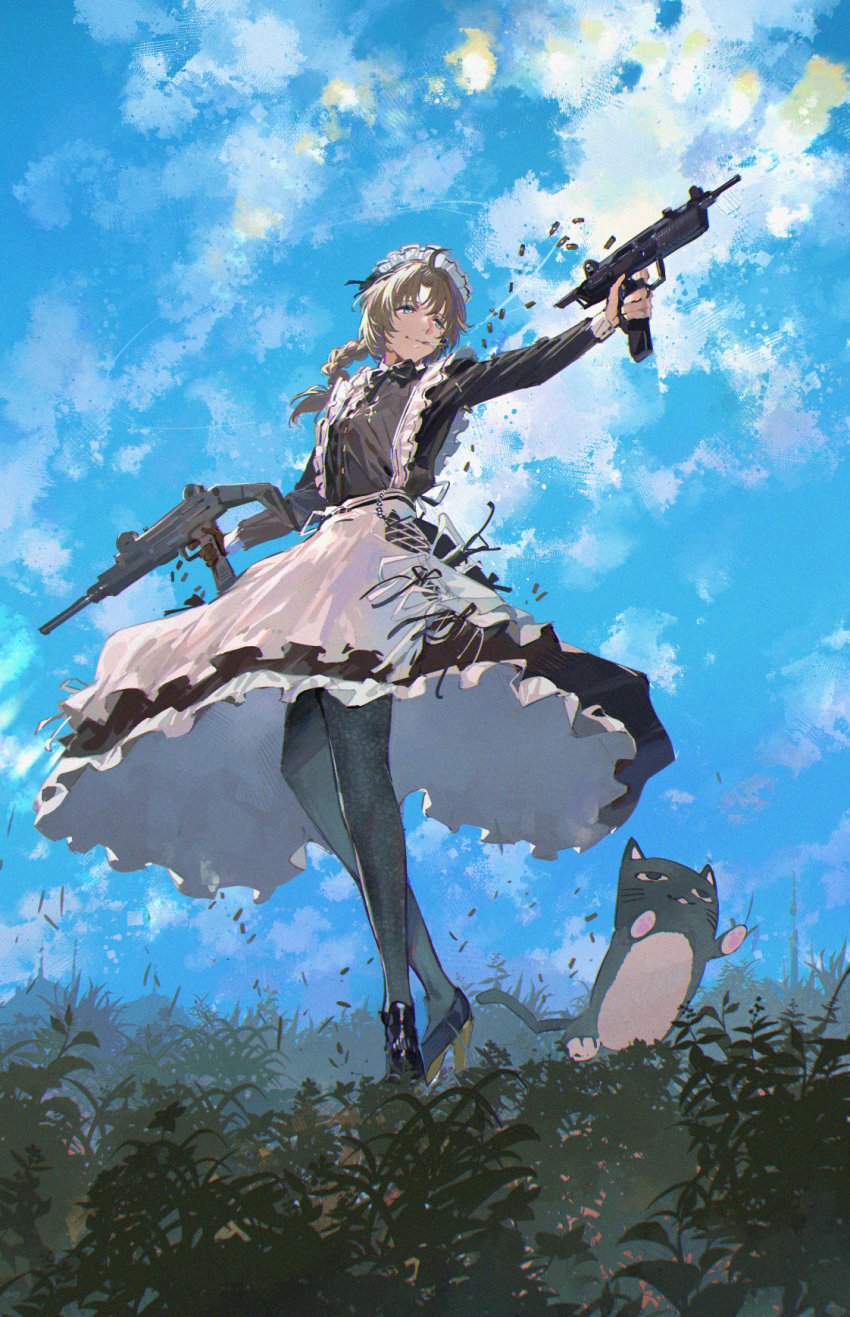 1boy, apron, black_cat, black_dress, black_pantyhose, black_shoes, blue_sky, braid