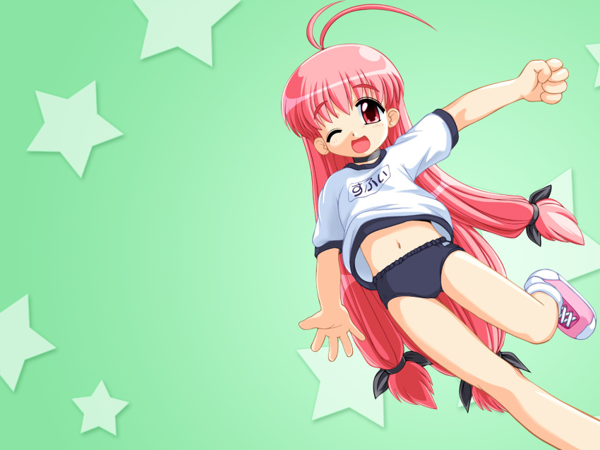 1girl, ahoge, antenna_hair, bosshi, buruma, green_background, gym_uniform, highres