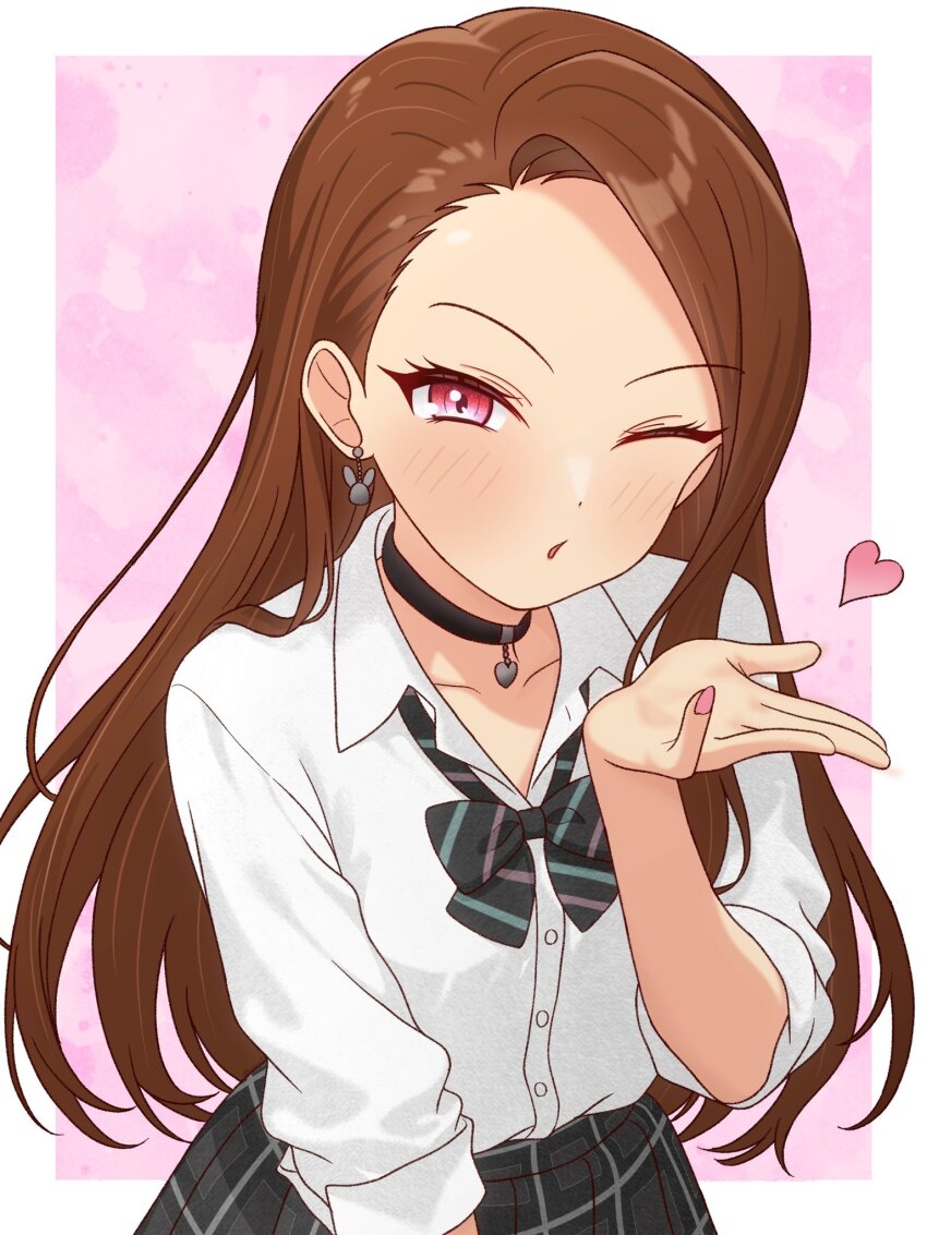 1girl, 82k_mugi, asymmetrical_bangs, black_bow, black_bowtie, black_choker, blowing_kiss, blush, border, bow, bowtie, brown_hair, choker, collarbone, collared_shirt, concept_gyarus_(idolmaster), diagonal-striped_bow, diagonal-striped_bowtie, diagonal-striped_clothes, dot_nose, earrings, eyelashes, forehead, grey_skirt, gyaru, hair_over_shoulder, hand_up, heart, heart_choker, highres, idolmaster, idolmaster_(classic), idolmaster_million_live!, idolmaster_million_live!_theater_days, jewelry, long_hair, looking_at_viewer, loose_bowtie, minase_iori, official_alternate_costume, one_eye_closed, open_collar, outside_border, parted_lips, pink_background, pink_eyes, pink_nails, plaid_clothes, plaid_skirt, pleated_skirt, rabbit_earrings, school_uniform, shirt, single_sidelock, skirt, sleeves_rolled_up, solo, striped_bow, striped_bowtie, striped_clothes, swept_bangs, upper_body, white_border, white_shirt