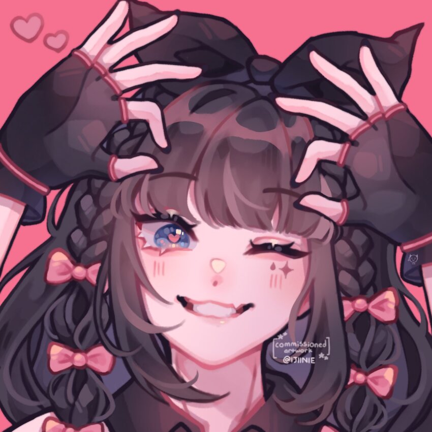 1girl, ;3, ;d, aegyo_sal, arms_up, black_bow, black_gloves, black_hair