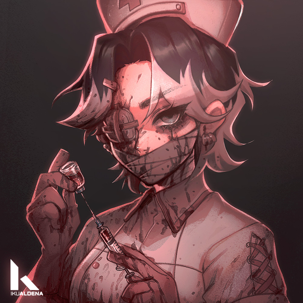 1girl, artist_name, artist_self-insert, backlighting, bags_under_eyes, bandages, black_background, black_hair