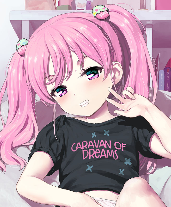 1girl, blush, clothes_writing, commentary_request, cropped, cupcake_hair_ornament, flat_chest, hair_ornament, indoors, jiji_(aardvark), loli, long_hair, looking_at_viewer, melonbooks, original, pink_eyes, pink_hair, shirt, shirt_writing, smile, solo, t-shirt, teeth, twintails