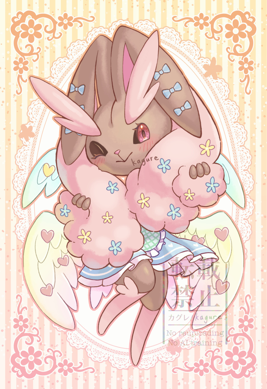 1girl, :>, alternate_color, apron, artist_name, blue_apron, blue_bow, blue_dress