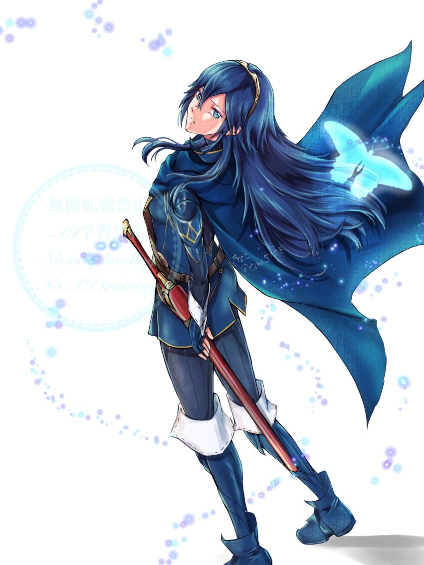 1girl, absurdres, blue_cape, blue_eyes, blue_gloves, blue_hair, brand_of_the_exalt, bug