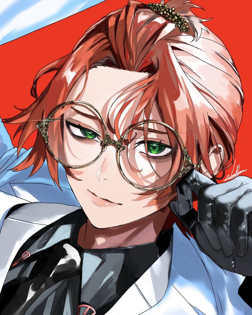 1boy, black_gloves, black_necktie, eugene_korekishi, formal_clothes, glasses, gloves, green_eyes, hair_pulled_back, highres, jewelry, light_smile, lips, looking_at_viewer, male_focus, medium_hair, necktie, neoshoco, phantom_busters, red_background, short_hair, simple_background, solo, suit, white_suit