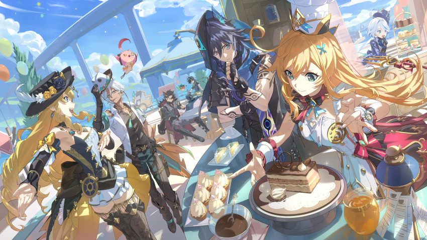 3girls, 4boys, absurdres, ahoge, ajaw_(genshin_impact), black_boots, black_dress, black_hat