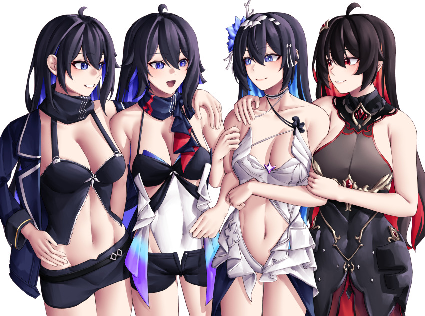 4girls, absurdres, ahoge, honkai_gakuen, black_dress, black_hair, black_shorts, black_skirt