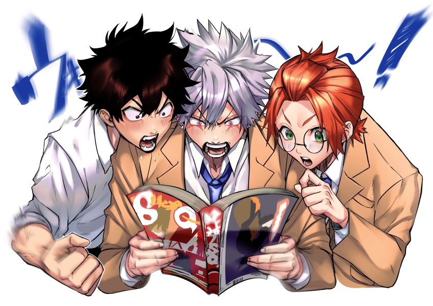 3boys, absurdres, blue_necktie, blush, brown_eyes, brown_hair, cross_scar, eugene_korekishi