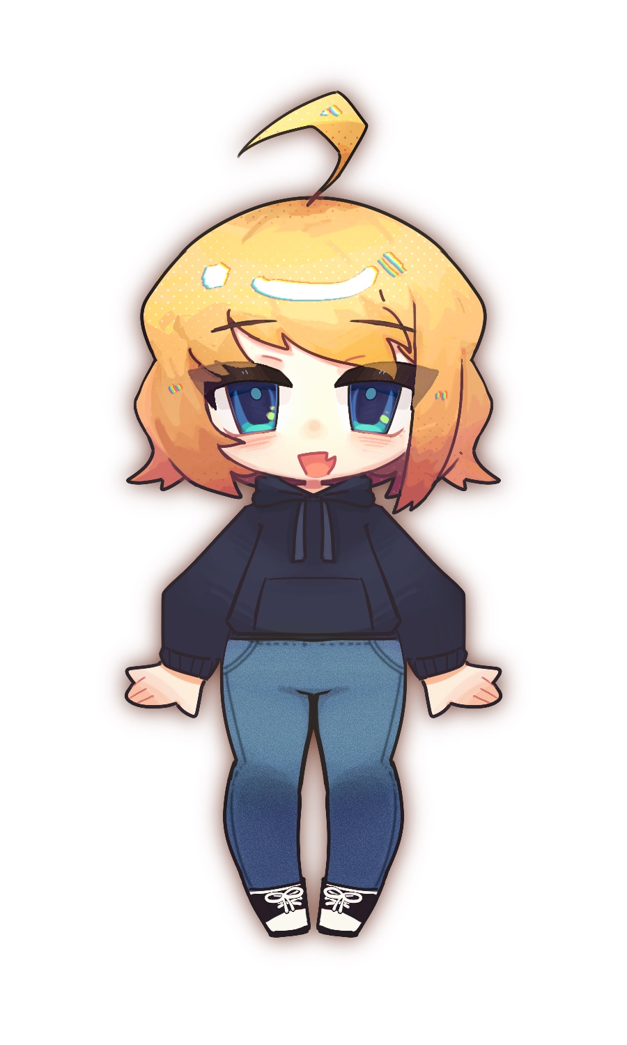 1girl, 8chan, :d, a1binos1ug, ahoge, animification, arms_at_sides, black_hoodie