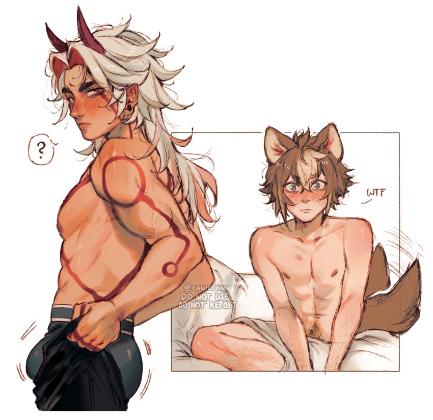 2boys, ?, abs, absurdres, animal_ears, arataki_itto, ass_lift, bed, blue_male_underwear, blush, body_markings, bodypaint, border, brown_hair, brown_pubic_hair, bulge, bulge_lift, cawchan, closed_mouth, colored_inner_hair, couple, dog_boy, dog_ears, dog_tail, dressing, earrings, facepaint, from_side, genshin_impact, gorou_(genshin_impact), hair_between_eyes, highres, horns, i've_never_seen_a_guy_recreate_this_successfully_tbh_(meme), implied_nudity, jewelry, long_hair, looking_at_another, male_focus, male_pubic_hair, male_underwear, meme, multicolored_hair, multiple_boys, navel_hair, nipples, nose, nude, on_bed, oni, open_pants, outside_border, pants, pants_lift, pectorals, pubic_hair, red_eyes, red_hair, red_horns, simple_background, streaked_hair, surprised, tail, toned, toned_male, topless_male, undersized_clothes, underwear, white_background, white_hair, yaoi