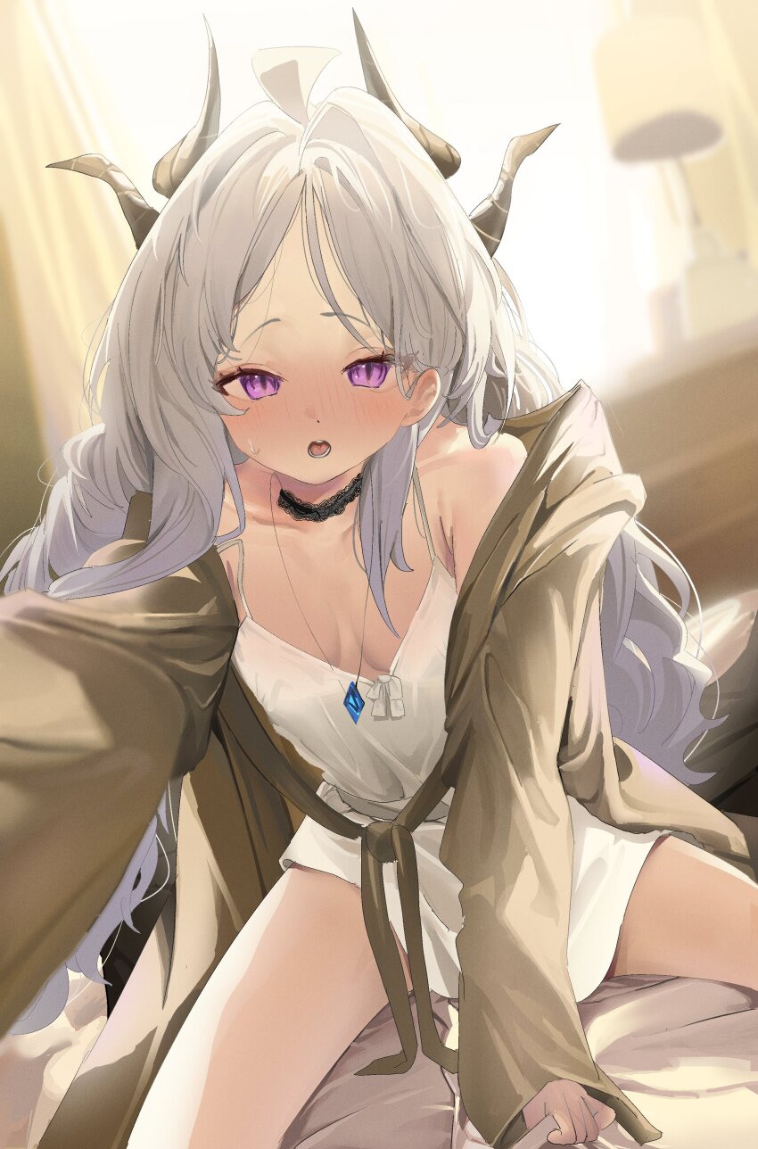 1girl, absurdres, ahoge, alternate_costume, arm_up, bare_legs, between_legs, black_choker