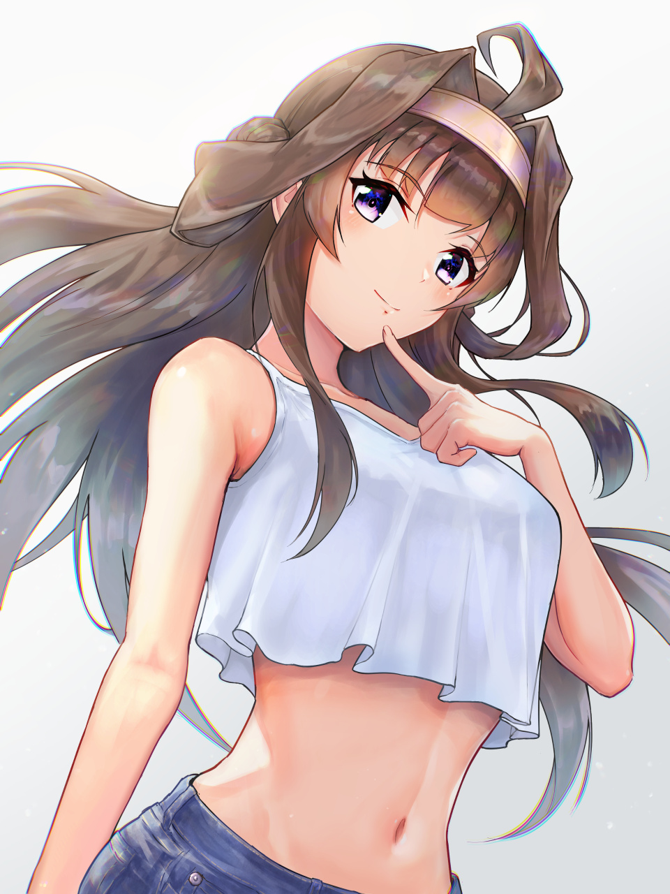 1girl, ahoge, alternate_costume, breasts, brown_hair, crop_top, denim, finger_to_own_chin