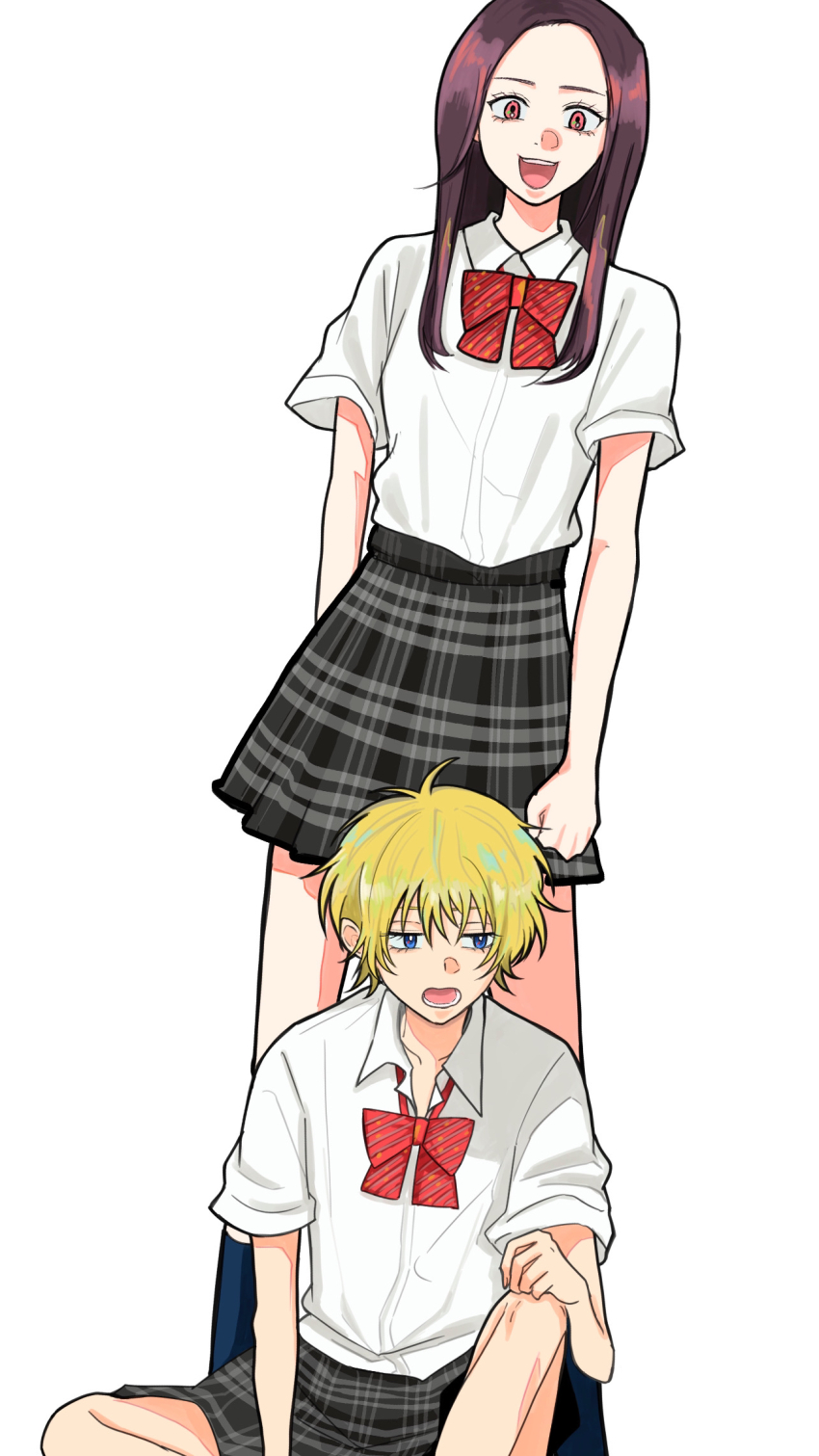 2girls, baby_walkure, black_hair, black_skirt, blonde_hair, blue_eyes, bow, collared_shirt, commentary_request, dress_shirt, fukagawa_mahiro, hair_between_eyes, highres, long_hair, multiple_girls, open_mouth, plaid_clothes, plaid_skirt, pleated_skirt, red_bow, red_eyes, rentsukishima, school_uniform, shirt, short_hair, short_sleeves, simple_background, skirt, sugimoto_chisato, teeth, upper_teeth_only, white_background, white_shirt