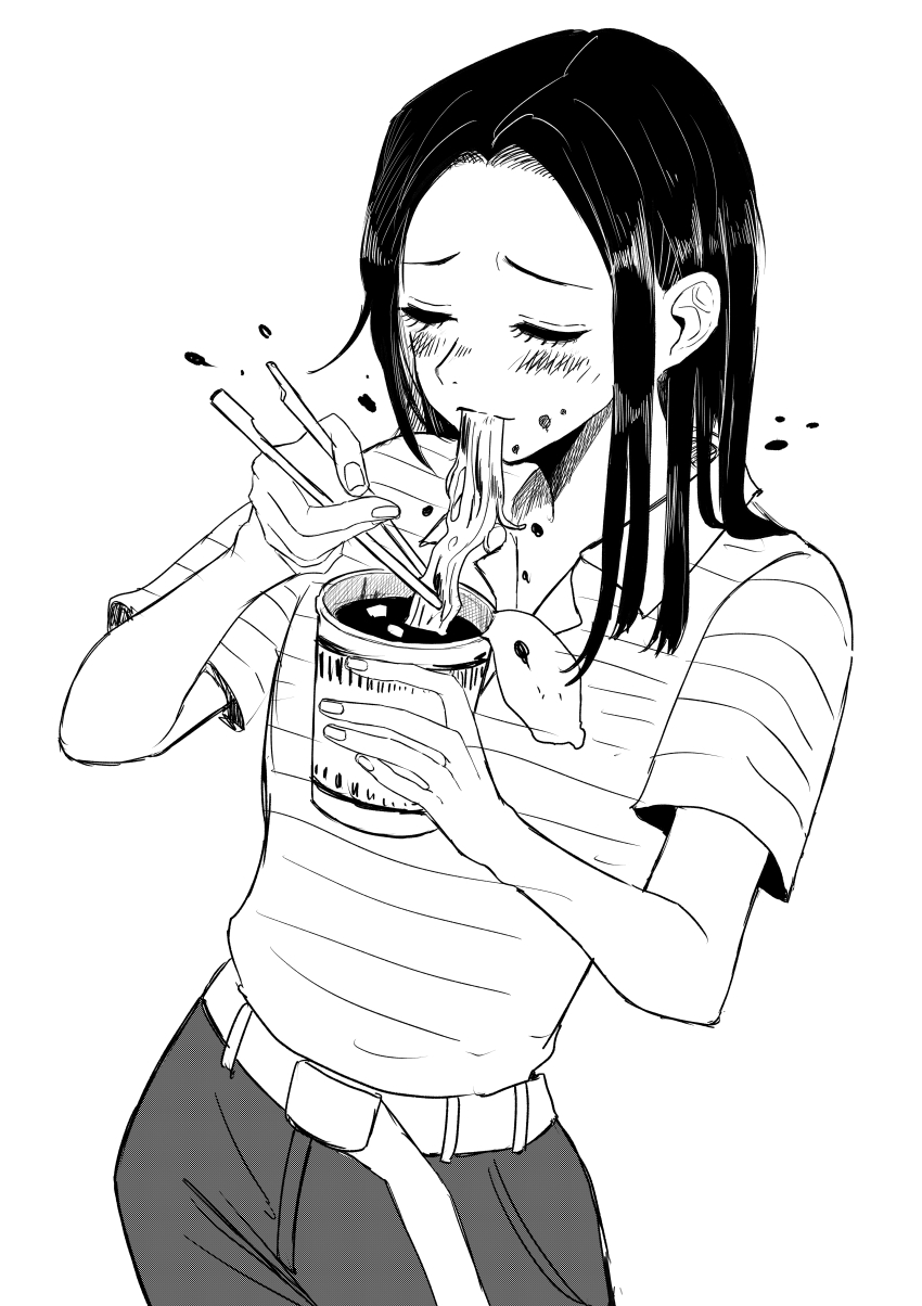 1girl, absurdres, baby_walkure, belt, blush, chopsticks, closed_eyes, closed_mouth