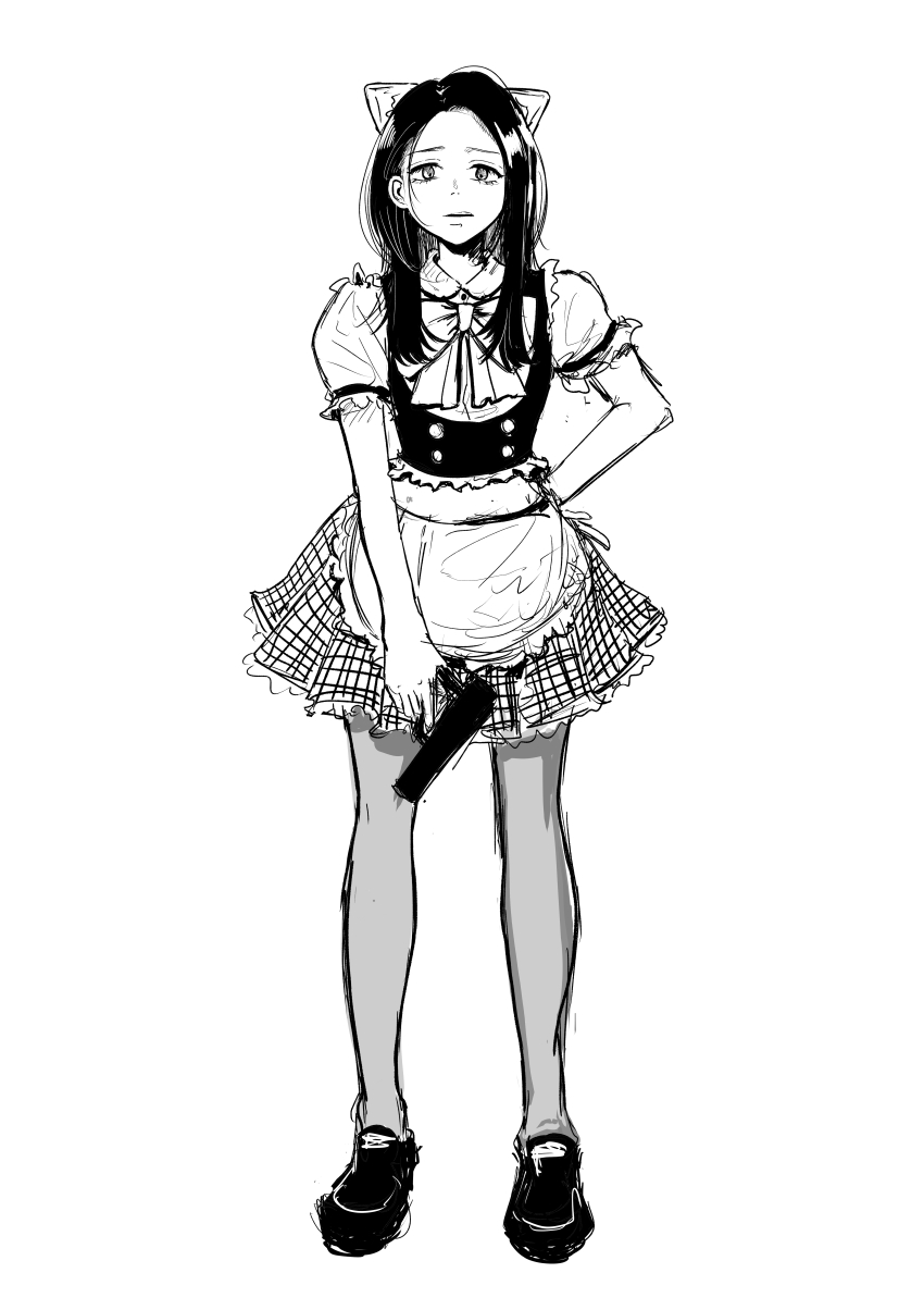 1girl, absurdres, animal_ear_hairband, animal_ears, apron, baby_walkure, bow, bowtie, cat_ear_hairband, cat_ears, commentary_request, fake_animal_ears, full_body, greyscale, gun, hairband, hand_on_own_hip, handgun, highres, holding, holding_gun, holding_weapon, long_hair, maid, monochrome, pantyhose, puffy_short_sleeves, puffy_sleeves, rentsukishima, short_sleeves, simple_background, skirt, solo, sugimoto_chisato, vest, waist_apron, weapon, white_background