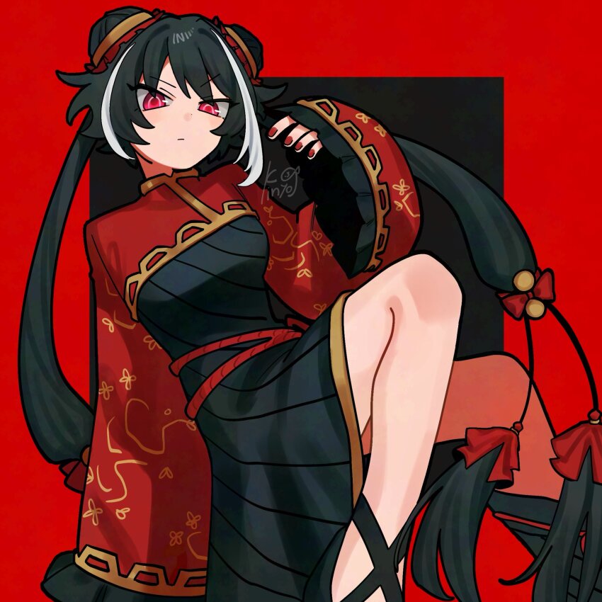 11230kingyo, 1girl, black_dress, black_hair, china_dress, chinese_clothes, double_bun, dress, hair_bun, highres, jia_xichun_(project_moon), leg_up, limbus_company, long_hair, long_sleeves, looking_at_viewer, multicolored_hair, nail_polish, project_moon, red_eyes, red_nails, red_shrug, shrug_(clothing), signature, solo, streaked_hair, twintails, two-tone_hair, white_hair, wide_sleeves