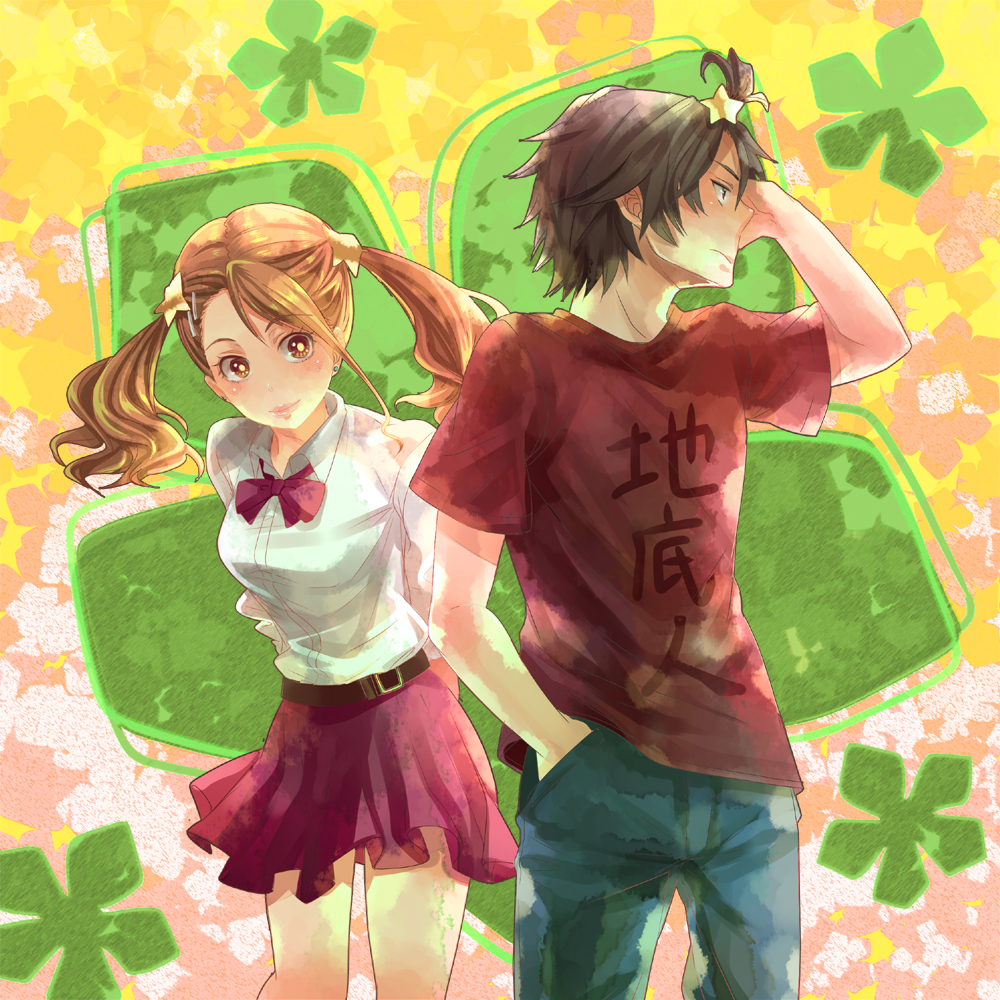 10s, 1boy, 1girl, adjusting_hair, alternate_hairstyle, anjou_naruko, ano_hi_mita_hana_no_namae_wo_bokutachi_wa_mada_shiranai., arms_behind_back