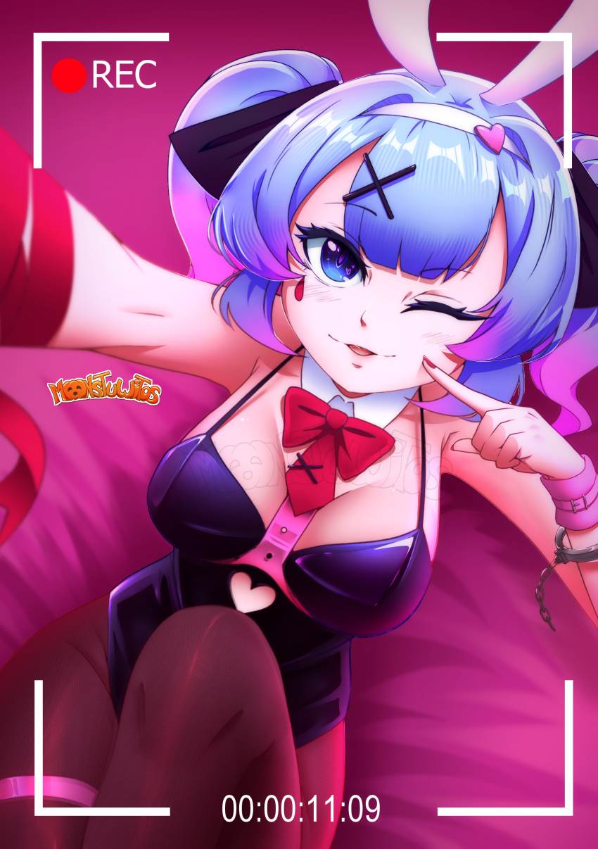 absurdres, animal_ear_hairband, animal_ears, artist_logo, black_leotard, black_pantyhose, blue_eyes, blue_hair