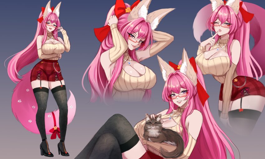 1girl, absurdres, aizuke_(vtuber), animal, animal_ears, bare_shoulders, black_thighhighs, body_fur, breasts, cat, cleavage, fox_ears, fox_girl, fox_tail, full_body, garter_straps, glasses, gradient_background, high_ponytail, highres, hime_tyan_art, holding, holding_animal, holding_cat, indie_virtual_youtuber, large_breasts, long_hair, one_eye_closed, pink_hair, pink_tail, ponytail, purple_eyes, red_skirt, semi-rimless_eyewear, simple_background, skirt, solo, tail, thighhighs, under-rim_eyewear, upper_body
