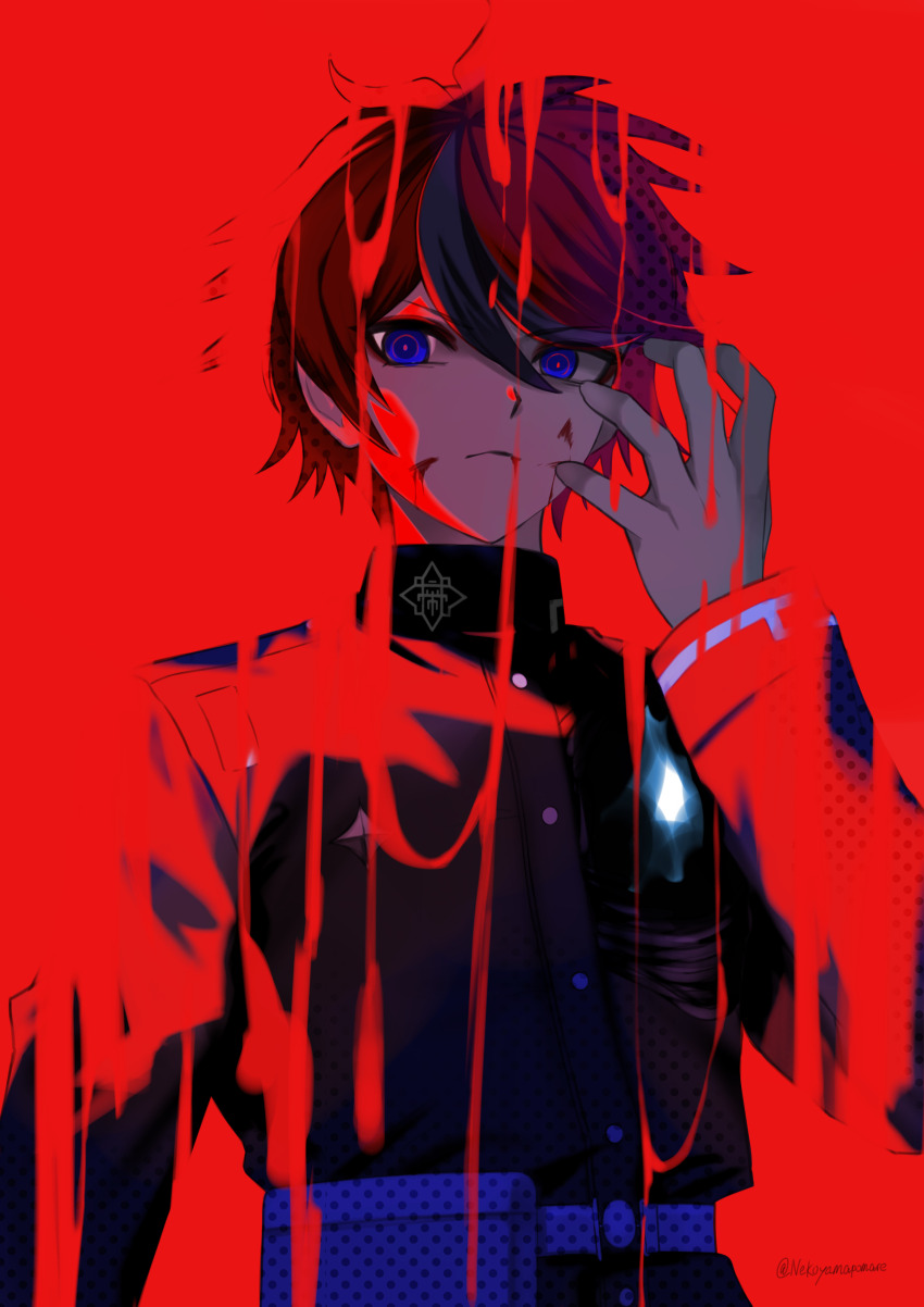 1boy, absurdres, blood, blood_on_face, blue_eyes, frown, gakuran, hareruya_(smomo2227)