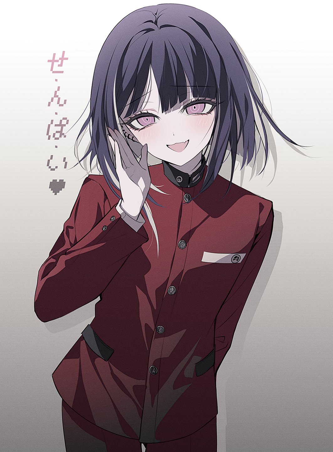 1boy, 4ro_1011, :d, androgynous, arm_behind_back, blunt_bangs, blunt_ends, blush