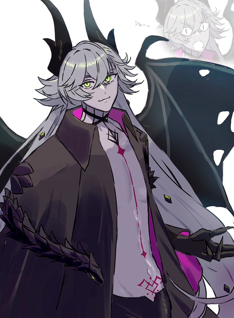 1boy, black_hands, body_markings, choker, colored_extremities, demon_boy, demon_horns, demon_wings