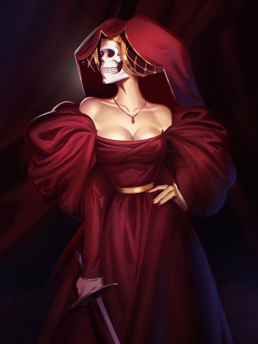 1girl, bare_shoulders, belt, high-waist_belt, breasts, bun_cover, cleavage, closed_mouth, collarbone, cowboy_shot, curtains, dark_background, demon_(megami_tensei), demon_girl, dress, drop_pendant, fingernails, gold_belt, gold_necklace, gold_trim, hand_on_own_hip, highres, holding, holding_sword, holding_weapon, hollow_eyes, jewelry, large_breasts, leylinefount, long_dress, long_fingernails, long_sleeves, looking_to_the_side, mature_female, mother_harlot_(megami_tensei), nail_polish, necklace, off-shoulder_dress, off_shoulder, pendant, puffy_sleeves, red_background, red_dress, red_nails, red_theme, red_veil, shin_megami_tensei, skull, solo, sword, veil, weapon