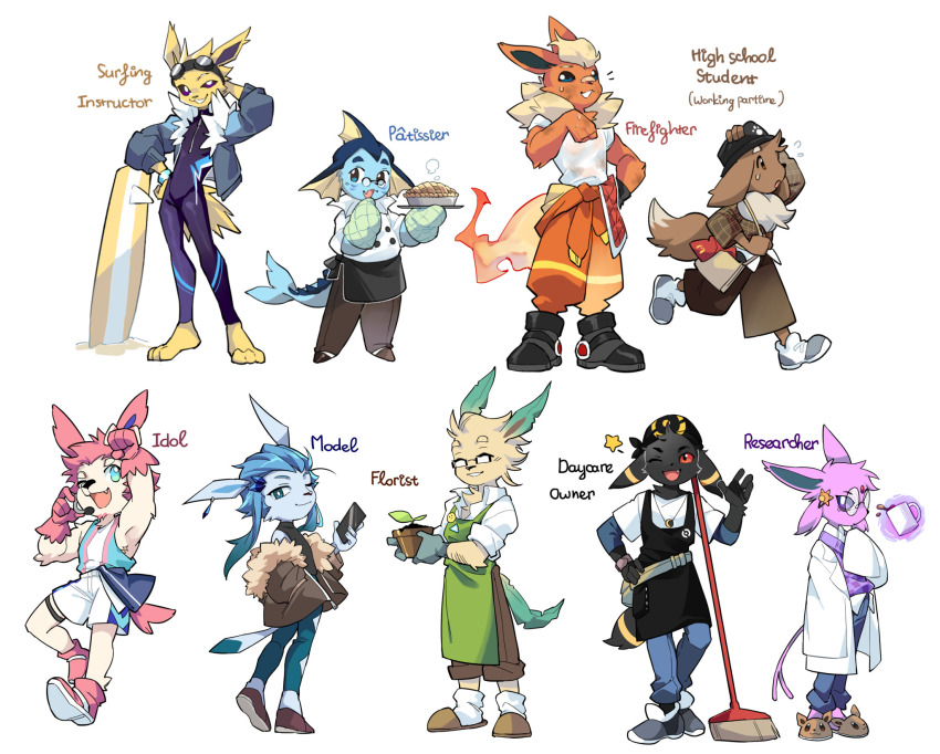 6+boys, closed_eyes, closed_mouth, commentary, eevee, english_commentary, english_text, espeon, fang, flareon, furry, furry_male, gen_1_pokemon, gen_2_pokemon, gen_4_pokemon, gen_6_pokemon, glaceon, highres, jolteon, leafeon, looking_at_viewer, looking_to_the_side, male_focus, multiple_boys, nintendo, one_eye_closed, open_mouth, pokemon, pokemon_(creature), profile, shoko_contane, smile, sylveon, umbreon, vaporeon, white_background