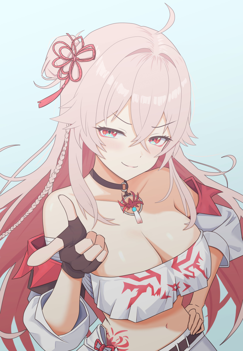 1girl, absurdres, ahoge, arunka_(epic_seven), bare_shoulders, black_choker, black_gloves, boss_arunka_(epic_seven), braid, breasts, chest_sarashi, choker, cleavage, collarbone, colored_inner_hair, commentary_request, crop_top, crop_top_overhang, crossed_bangs, detached_sleeves, epic_seven, finger_gun, fingerless_gloves, gloves, hair_between_eyes, hair_bun, hair_ornament, hand_on_own_hip, hand_up, highres, konnzyou, large_breasts, light_blush, long_hair, looking_at_viewer, multicolored_hair, navel, o-ring, o-ring_choker, official_alternate_costume, pink_hair, pointing, red_eyes, sarashi, shirt, sidelocks, single_fingerless_glove, single_side_bun, smile, smug, solo, stomach, tattoo, upper_body, v-shaped_eyebrows, very_long_hair, white_shirt