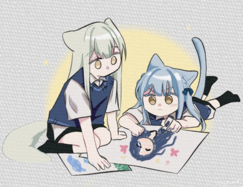 2girls, :<, ^_^, aged_down, animal_ears, artist_name, bang_dream!, bang_dream!_it's_mygo!!!!!