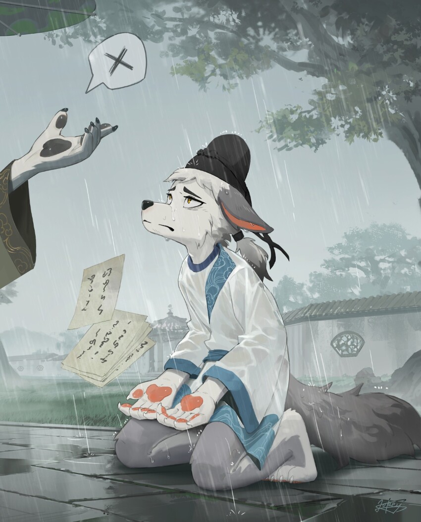 1boy, animal_ears, artist_name, barefoot, chinese_clothes, claws, closed_mouth, furry