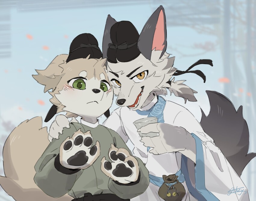 2boys, animal_ears, artist_name, blush, chinese_clothes, chinese_commentary, claws, closed_mouth