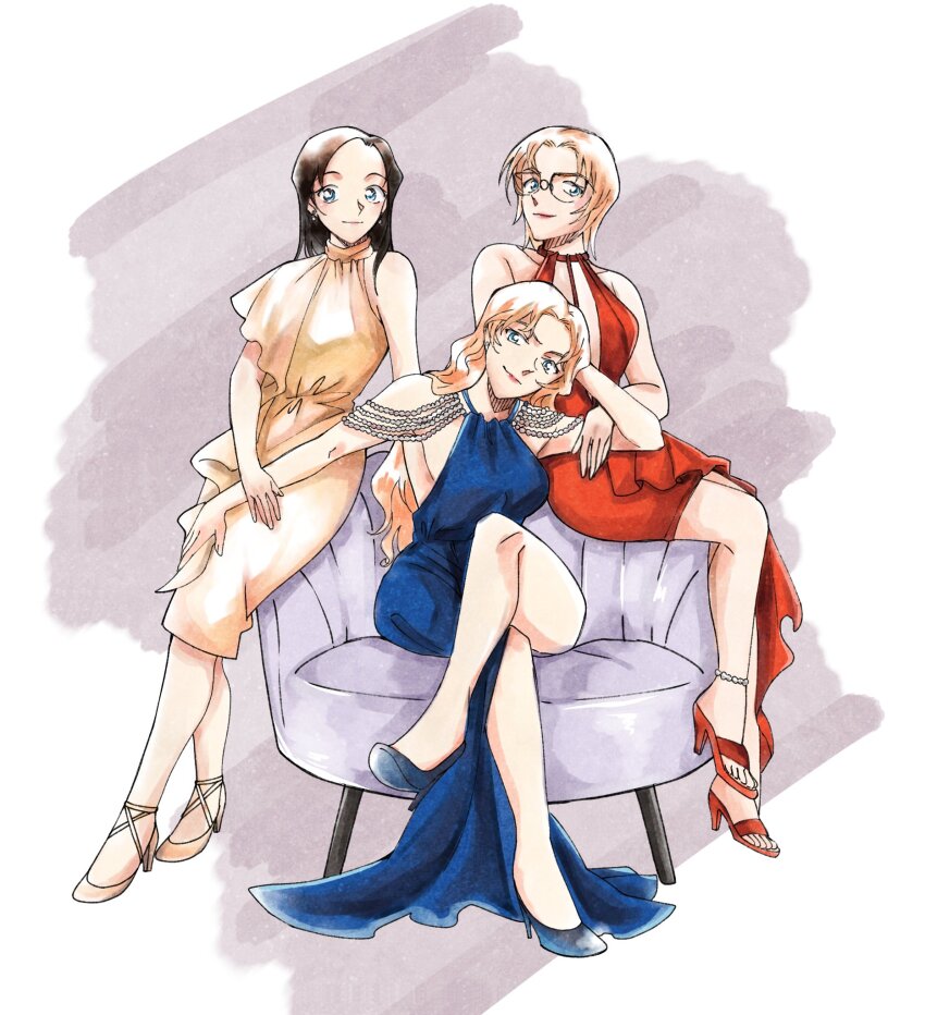 3girls, arm_behind_head, black_hair, blonde_hair, blue_dress, blue_eyes, blue_shoes, closed_mouth
