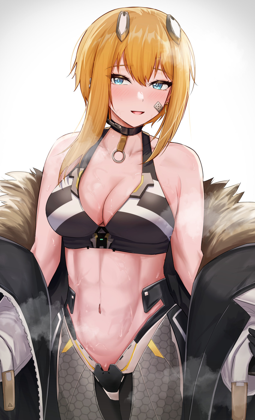 1girl, :d, abs, absurdres, bandaid, bandaid_on_cheek, bandaid_on_face, bare_shoulders