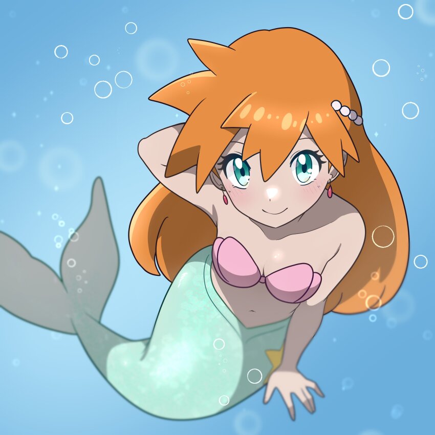 1girl, absurdres, air_bubble, arm_behind_head, bare_shoulders, bikini, blush, breasts, bubble, cleavage, closed_mouth, collarbone, earrings, eyelashes, female_focus, green_eyes, hair_between_eyes, hair_ornament, highres, jewelry, long_hair, looking_at_viewer, mermaid, mermaid_misty_(pokemon), misty_(pokemon), monster_girl, monsterification, muis0802, navel, nintendo, orange_hair, pokemon, pokemon_(anime), pokemon_(classic_anime), ponytail, seashell, shell, shell_bikini, smile, solo, swimsuit, underwater, water