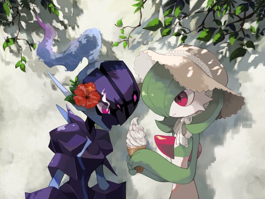 armor, blue_fire, bow, brown_hat, ceruledge, commentary, eye_trail, fire